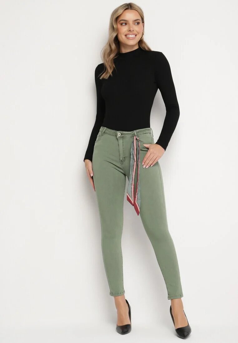 daysie Pantaloni Verde închis Skinny cu Talie Înaltă și Fundiță la Talie Diorene