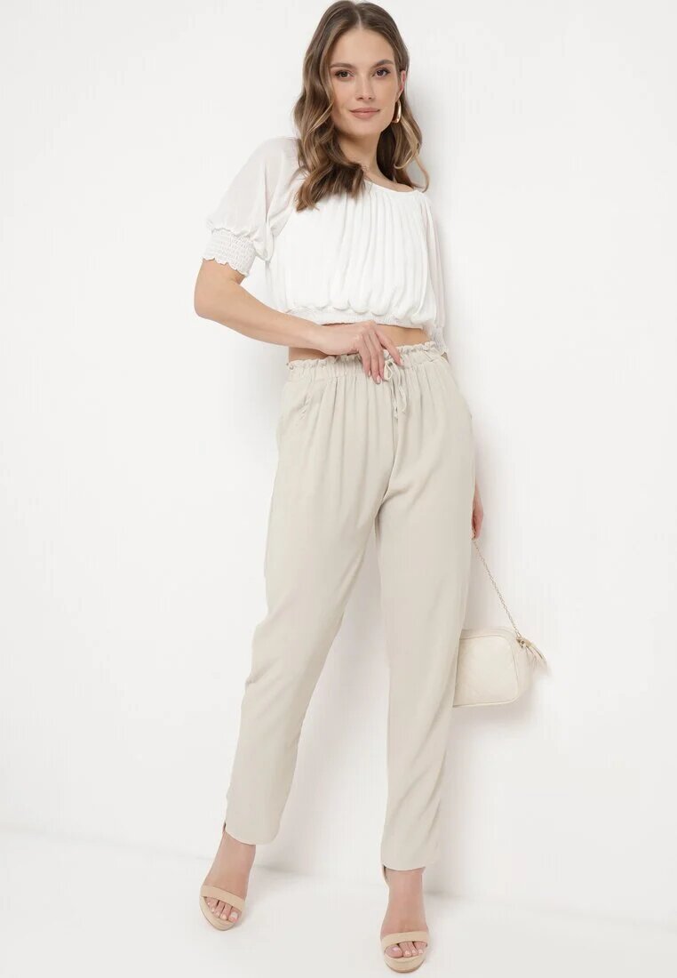 dbt fashion Pantaloni Bej deschis cu croială lejeră cu elastic în talie Brisaela