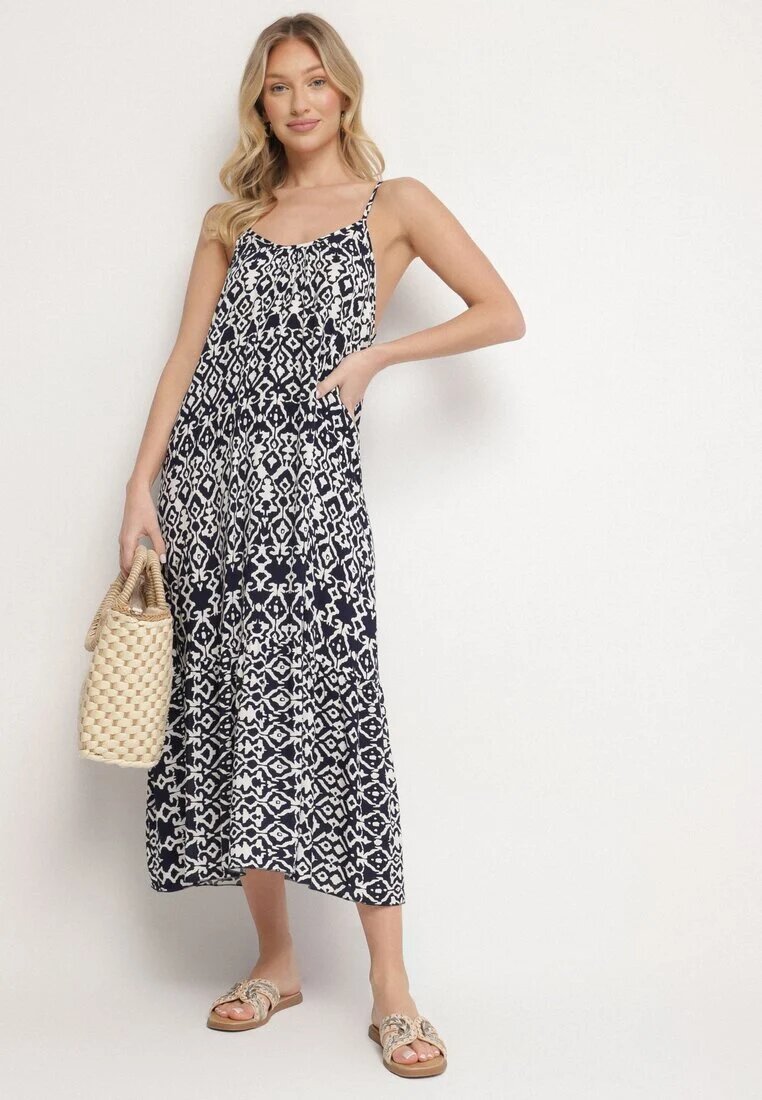 defox Bleumarin Rochie din Bumbac cu Model Geometric Koladiela