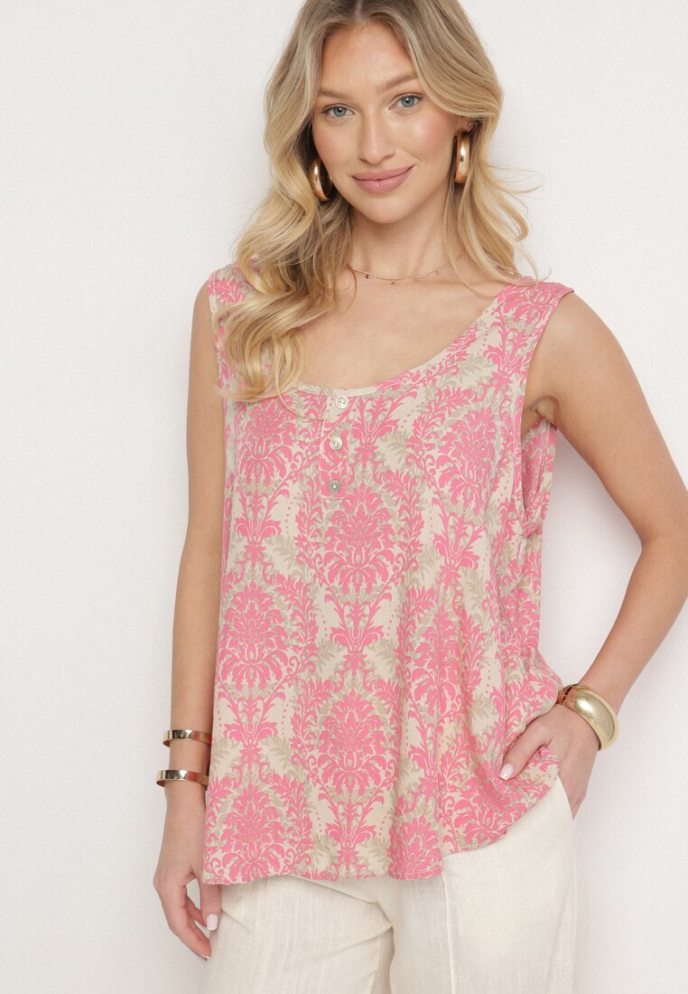 defox Bluză Roz-Bej din Bumbac cu Model Boho Napolea