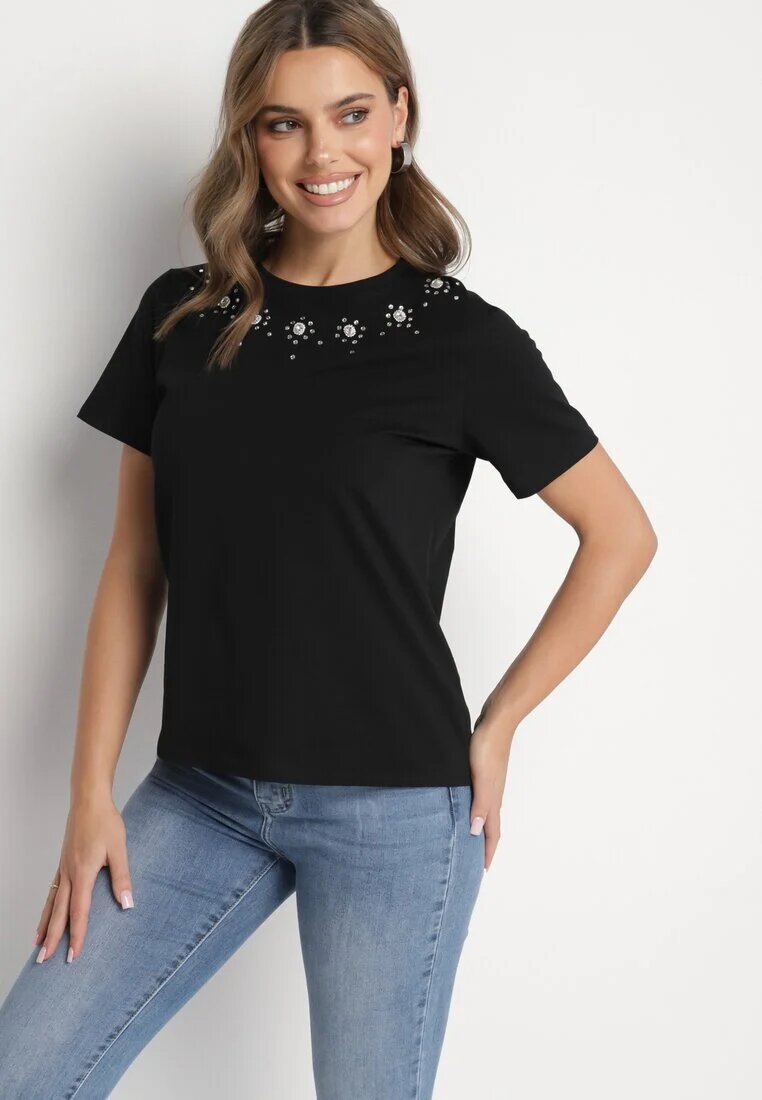 defox Bluză T-shirt Neagră din Bumbac Decorată cu Zirconii Marivista