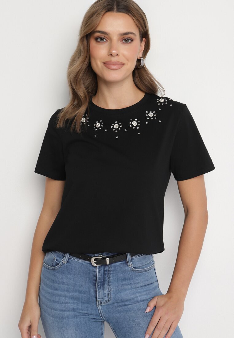 defox Bluză T-shirt Neagră din Bumbac Decorată cu Zirconii Marivista