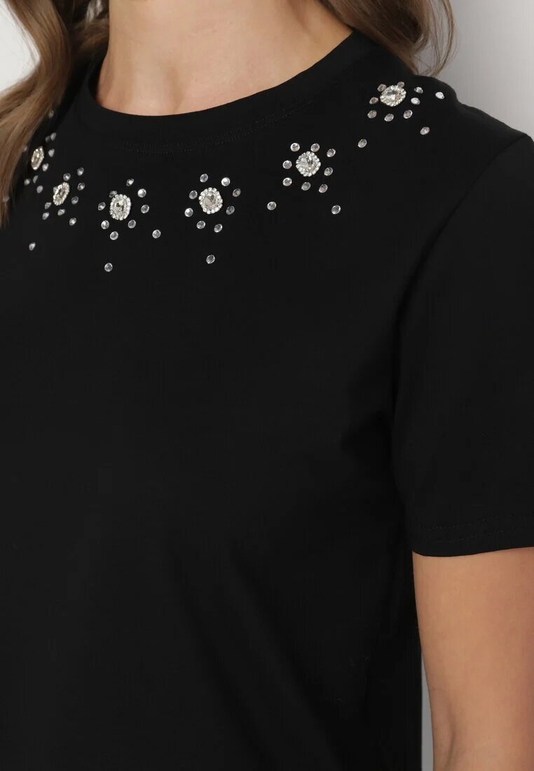 defox Bluză T-shirt Neagră din Bumbac Decorată cu Zirconii Marivista