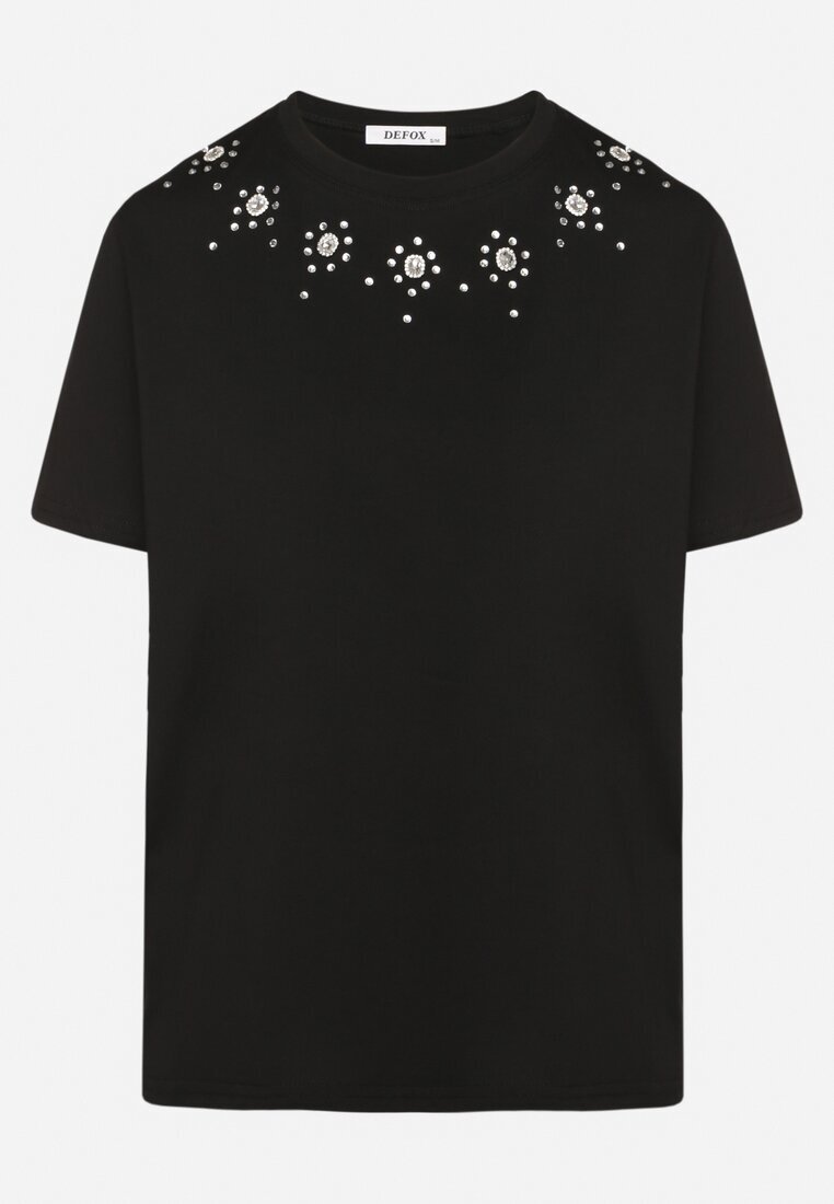 defox Bluză T-shirt Neagră din Bumbac Decorată cu Zirconii Marivista
