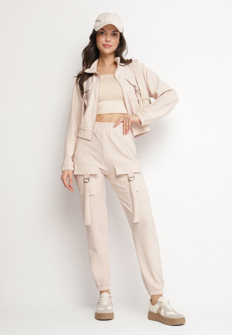 defox Compleu de trening Bej deschis Bluză cu fermoar și Pantaloni slim în stil Utility Telavienna