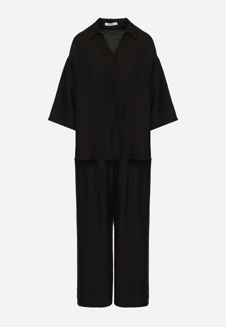 defox Compleu Negru din Viscoză Cămașă cu Mâneci Rulate și Pantaloni Largi Dormoi