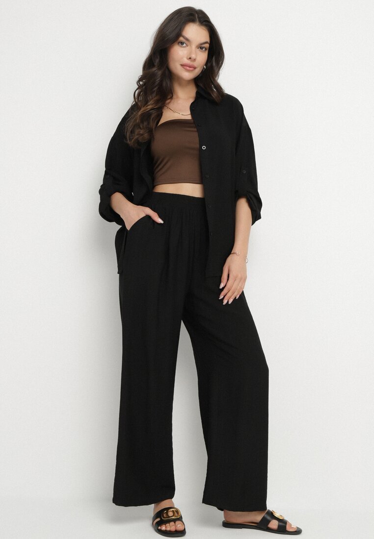 defox Compleu Negru din Viscoză Cămașă și Pantaloni Sesanila