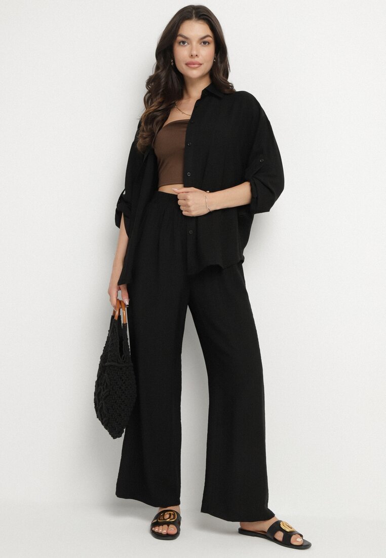 defox Compleu Negru din Viscoză Cămașă și Pantaloni Sesanila