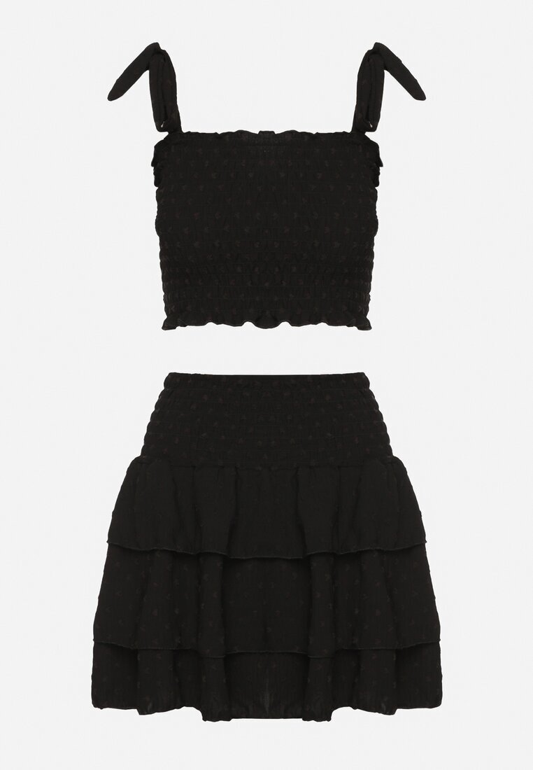 defox Compleu Negru Elastic Top cu Bretele Legate și Fustă Cloș Evialia