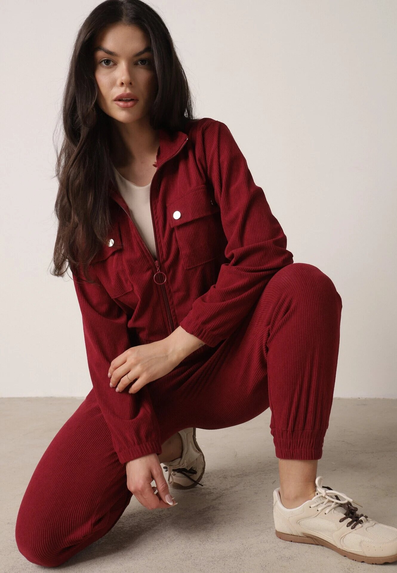 defox Compleu sport Bordeaux din material reiat Bluză cu guler și pantaloni cu elastic în talie Kerulla