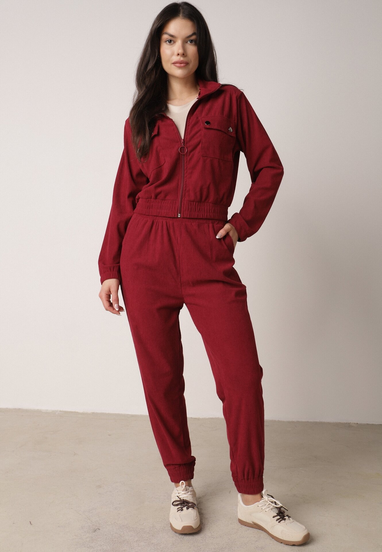 defox Compleu sport Bordeaux din material reiat Bluză cu guler și pantaloni cu elastic în talie Kerulla