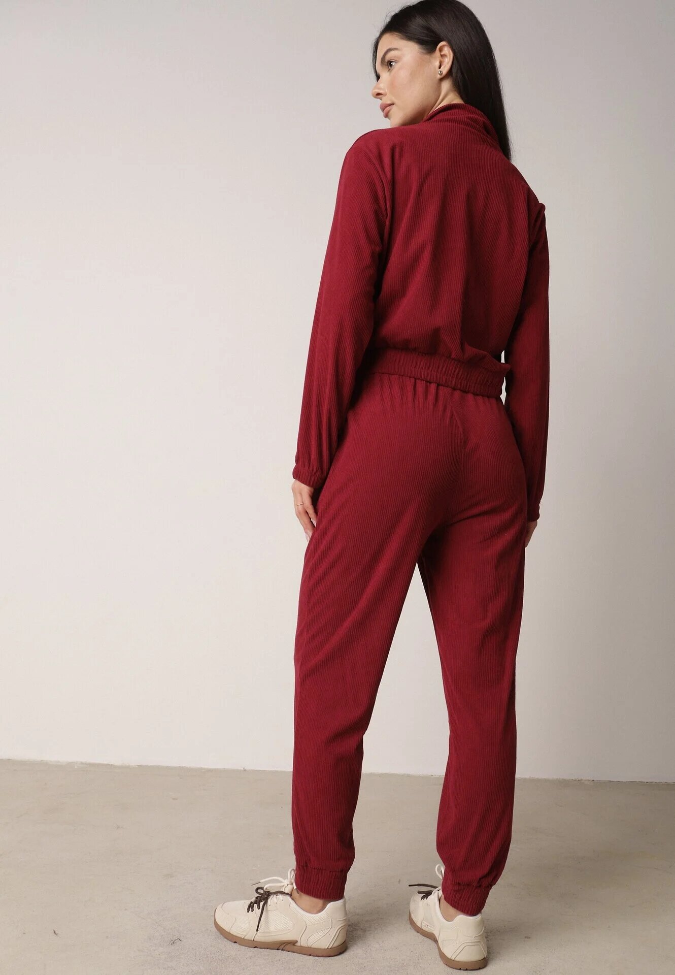 defox Compleu sport Bordeaux din material reiat Bluză cu guler și pantaloni cu elastic în talie Kerulla