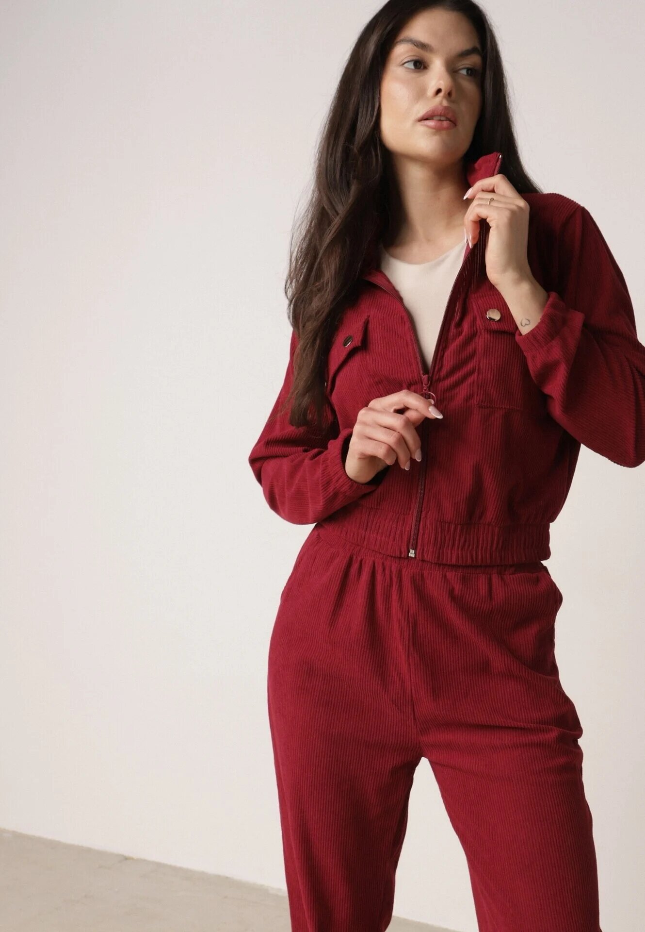 defox Compleu sport Bordeaux din material reiat Bluză cu guler și pantaloni cu elastic în talie Kerulla