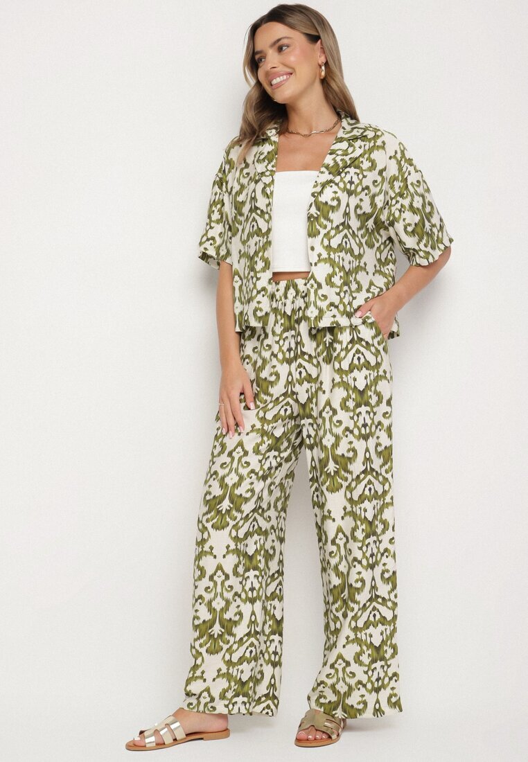 defox Compleu Verde închis din Viscoză cu Model Ornamental Cămașă și Pantaloni Evialirae