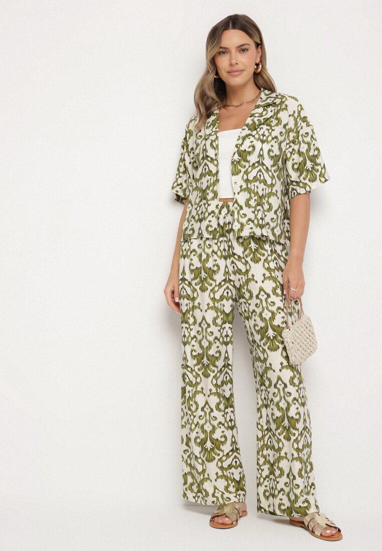 defox Compleu Verde închis din Viscoză cu Model Ornamental Cămașă și Pantaloni Evialirae