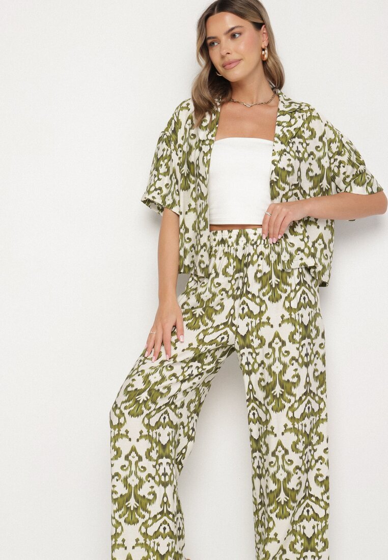 defox Compleu Verde închis din Viscoză cu Model Ornamental Cămașă și Pantaloni Evialirae