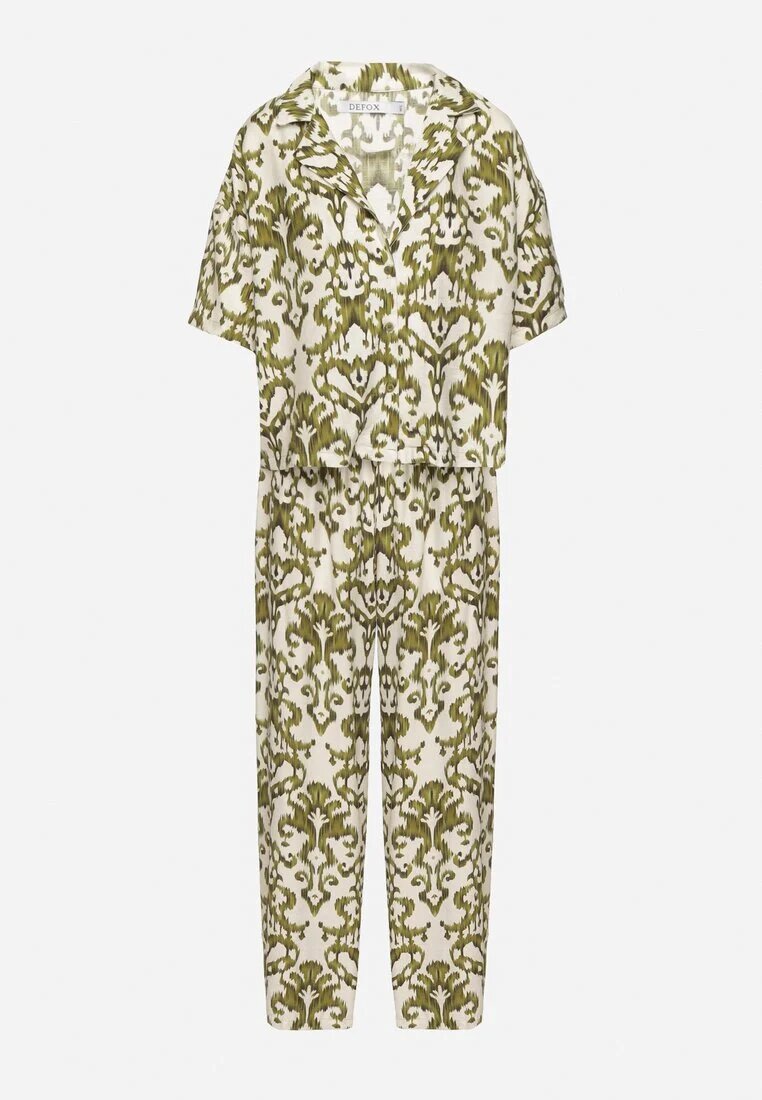 defox Compleu Verde închis din Viscoză cu Model Ornamental Cămașă și Pantaloni Evialirae