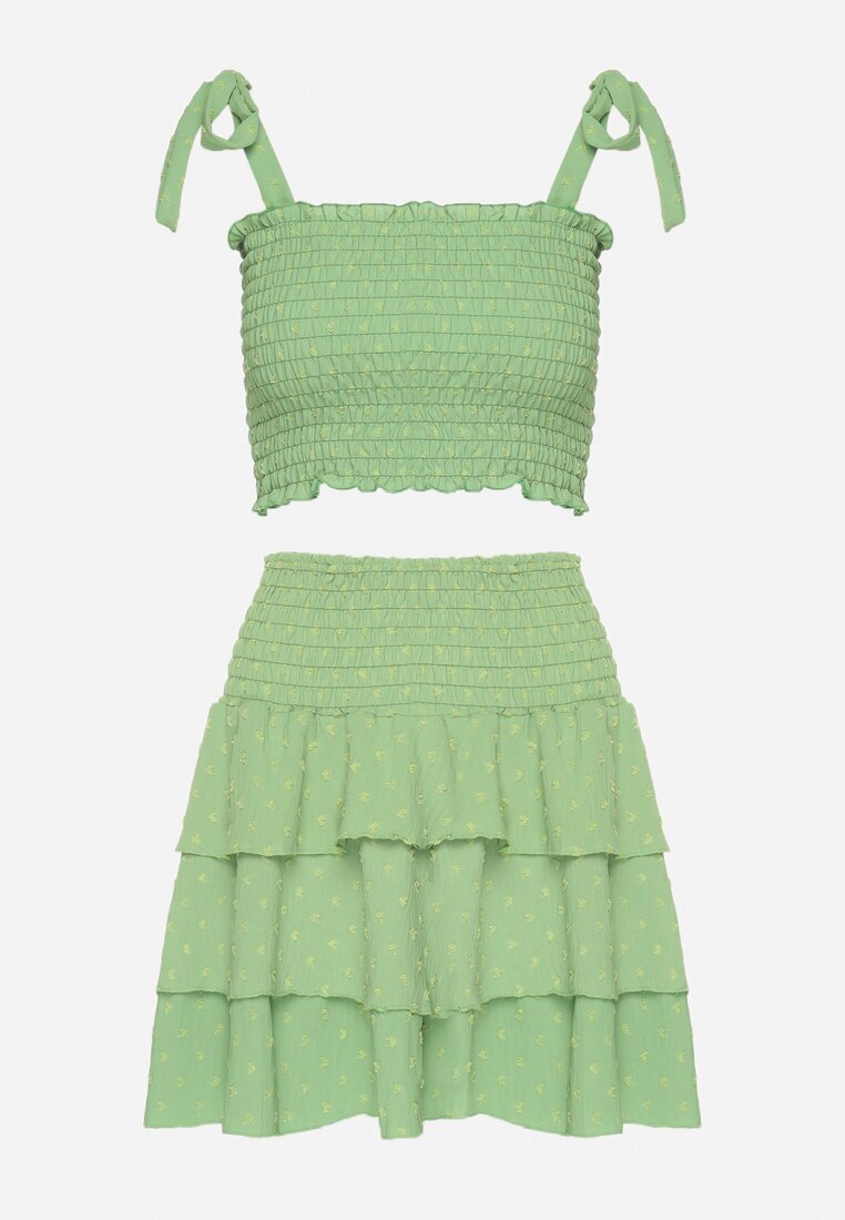 defox Compleu Verde Top Elastic cu Bretele Legate și Fustă Evazată Evialia