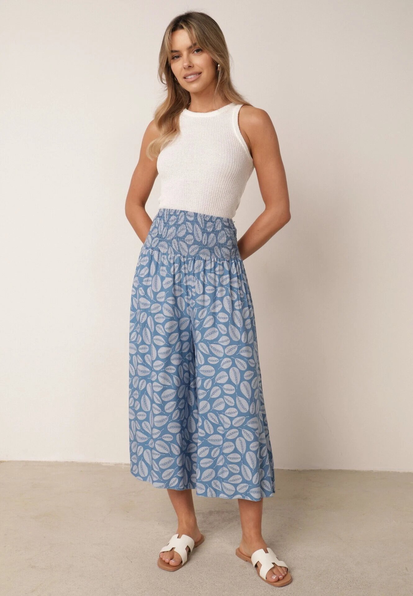 defox Pantaloni Albastre din Bumbac Culotte cu Elastic în Talie Karemisia