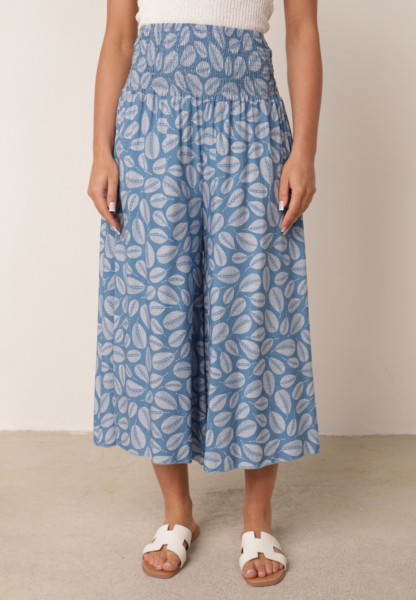 defox Pantaloni Albastre din Bumbac Culotte cu Elastic în Talie Karemisia