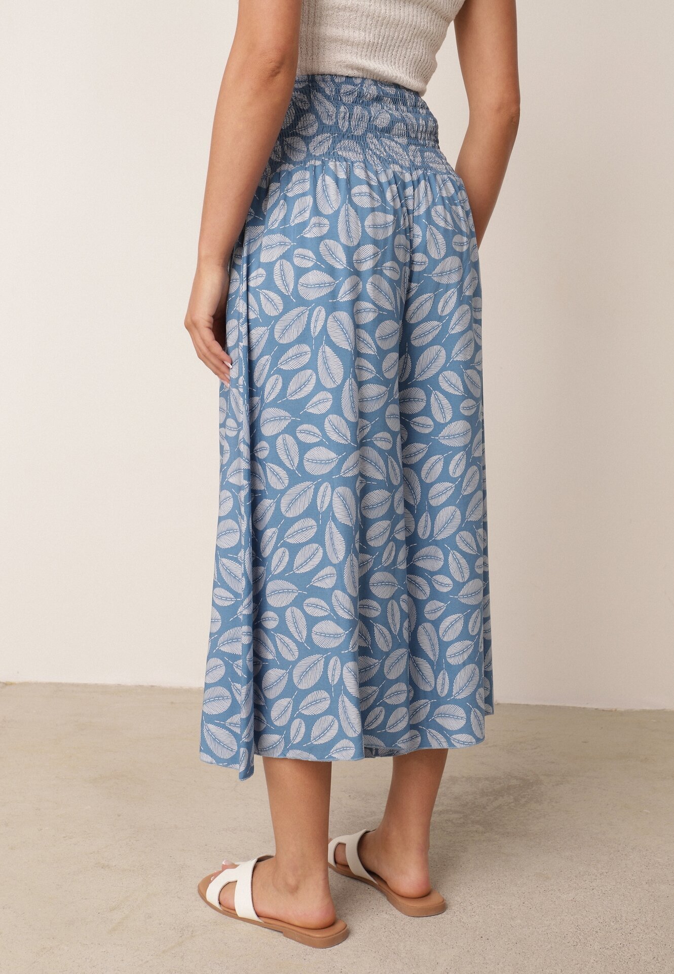 defox Pantaloni Albastre din Bumbac Culotte cu Elastic în Talie Karemisia