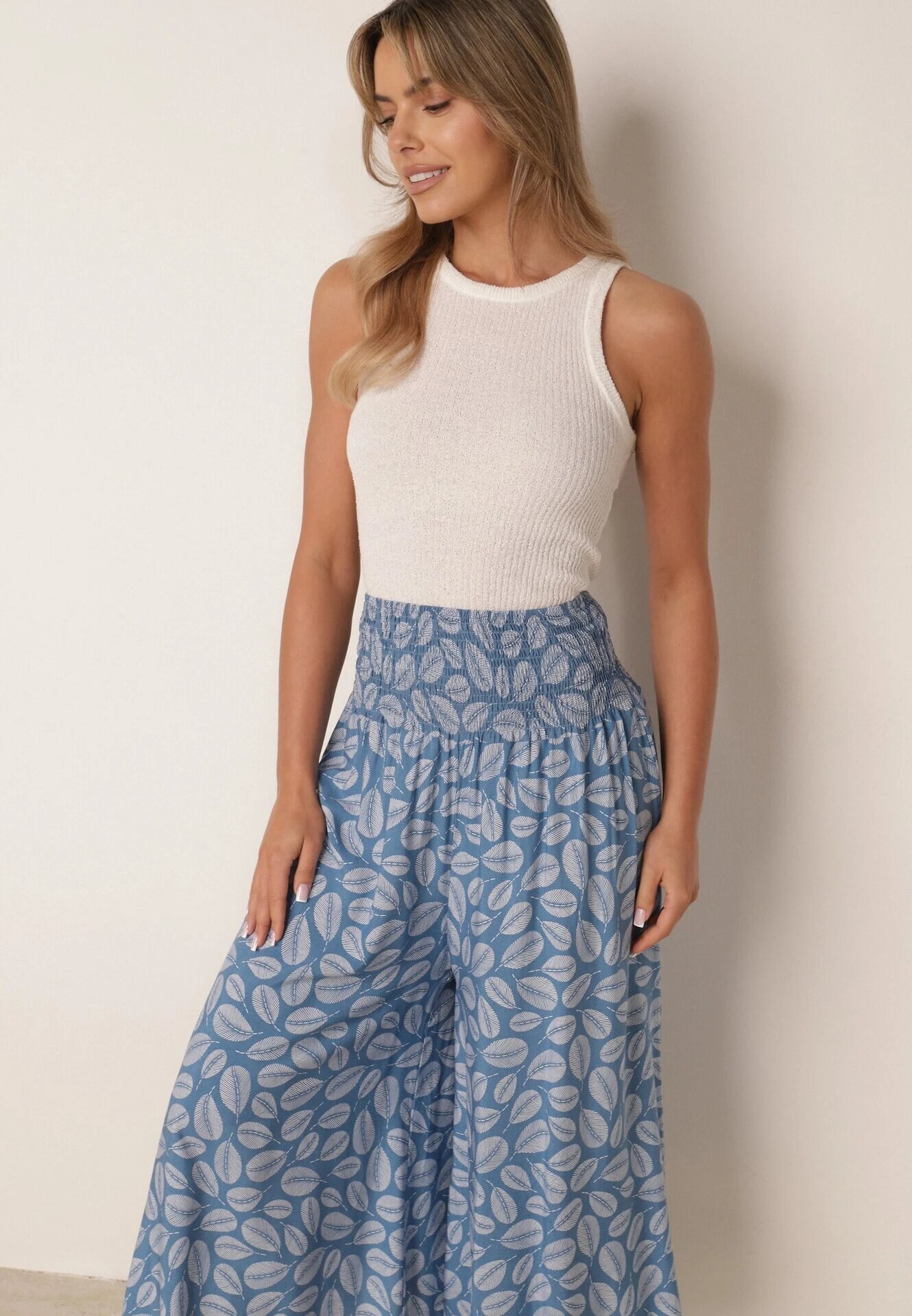 defox Pantaloni Albastre din Bumbac Culotte cu Elastic în Talie Karemisia