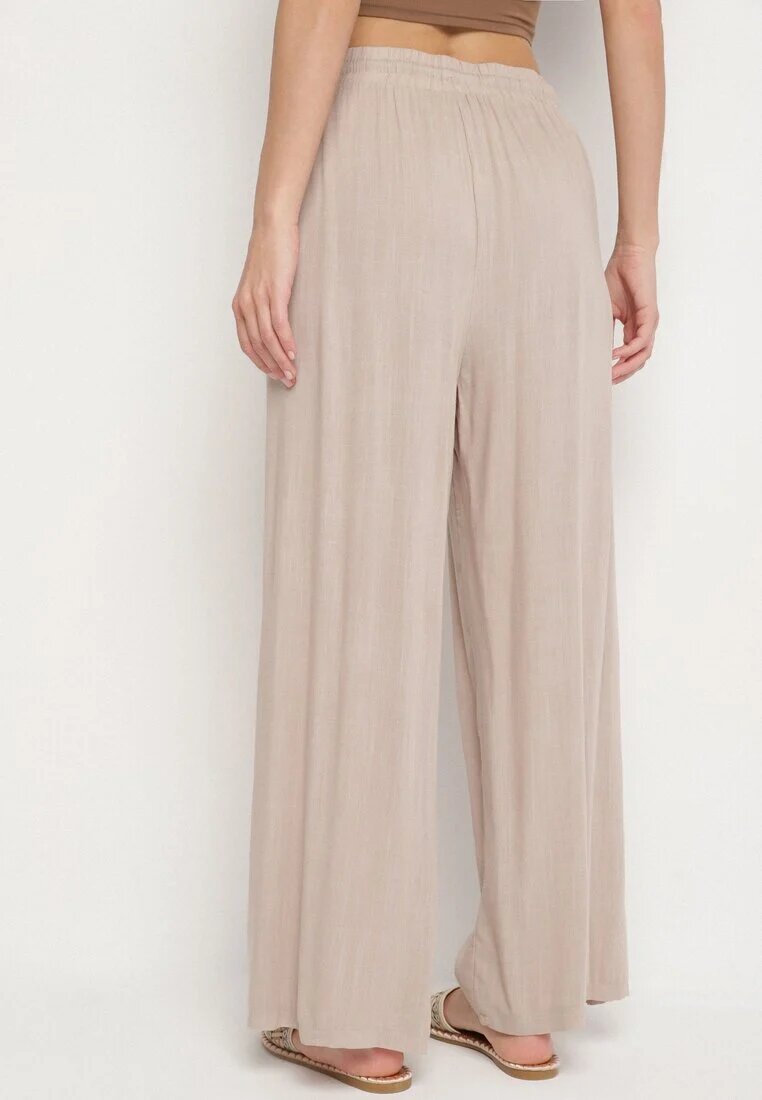 defox Pantaloni Bej de bumbac cu elastic în talie cu o croială lejeră Efraia