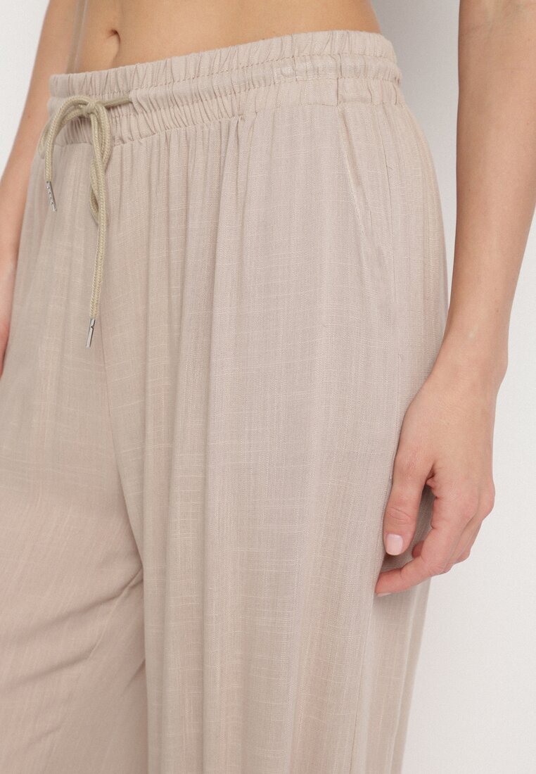 defox Pantaloni Bej de bumbac cu elastic în talie cu o croială lejeră Efraia