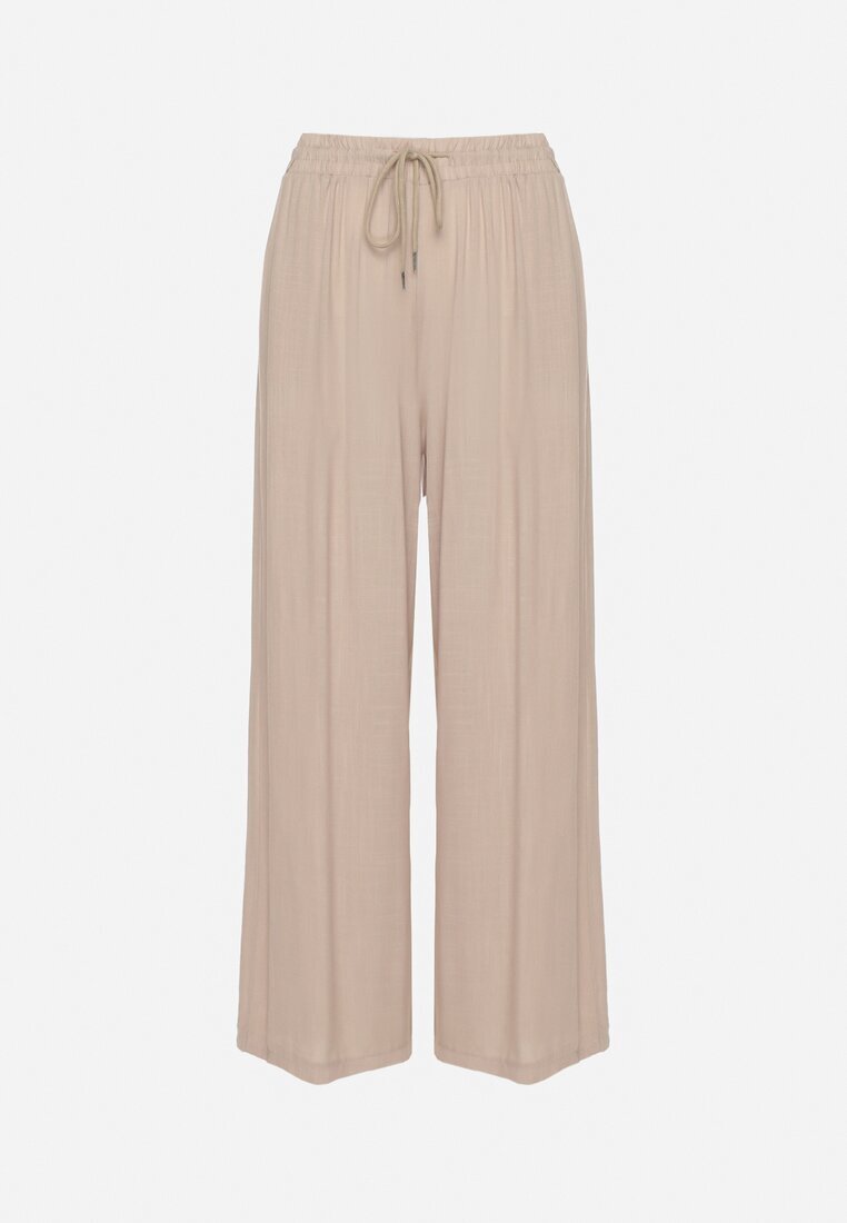 defox Pantaloni Bej de bumbac cu elastic în talie cu o croială lejeră Efraia