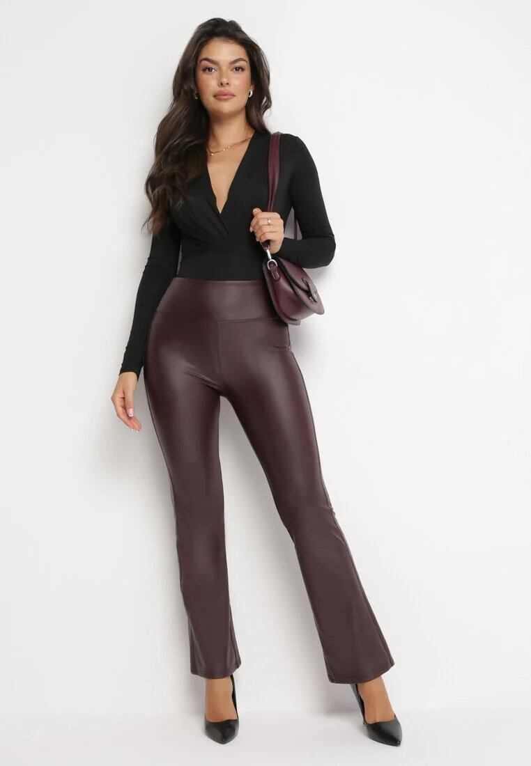 defox Pantaloni Cloș Bordeaux cu elastic în talie din piele ecologică Arkani