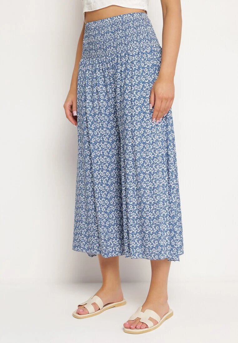 defox Pantaloni culotte Albastre din bumbac cu talie înaltă și cu imprimeu floral Ondinne