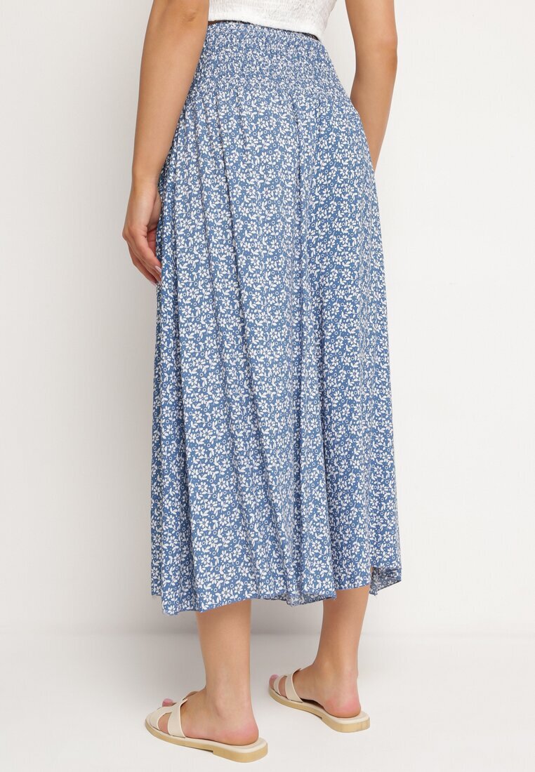 defox Pantaloni culotte Albastre din bumbac cu talie înaltă și cu imprimeu floral Ondinne