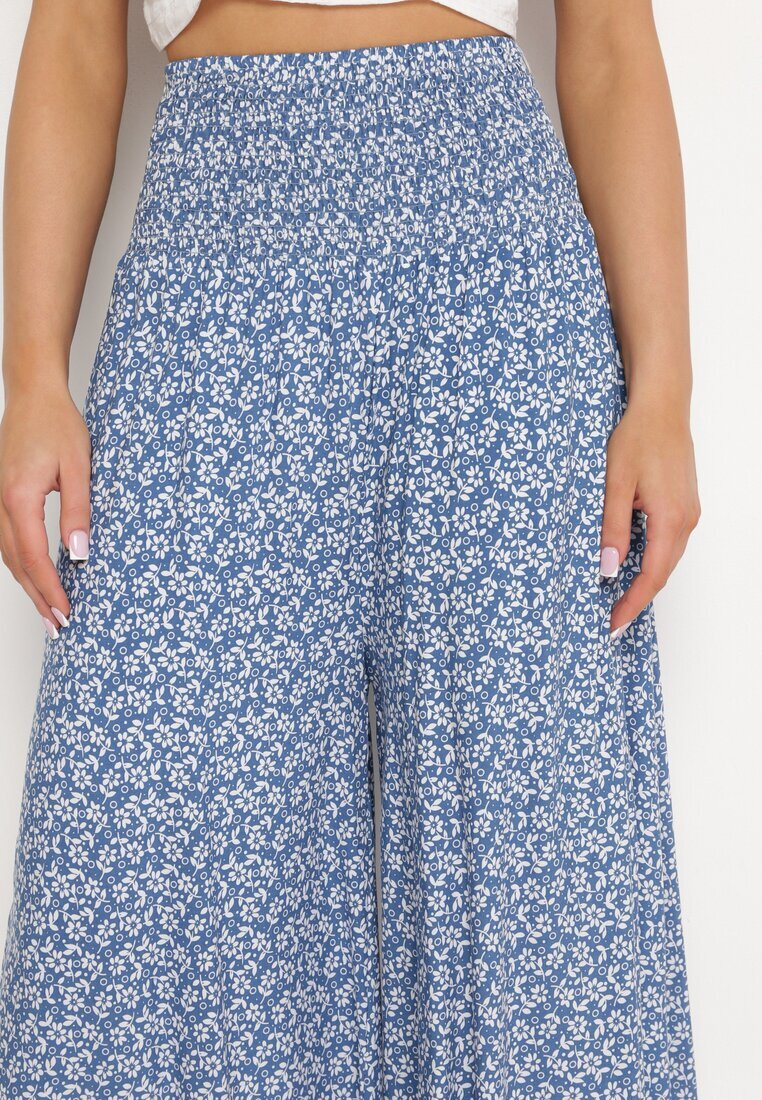 defox Pantaloni culotte Albastre din bumbac cu talie înaltă și cu imprimeu floral Ondinne