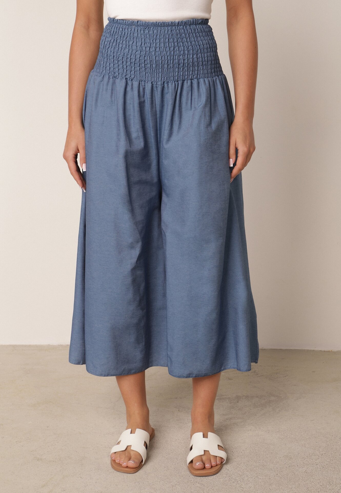 defox Pantaloni culotte albastri deschiși din bumbac largi cu talie înaltă și elastic în talie Rafea