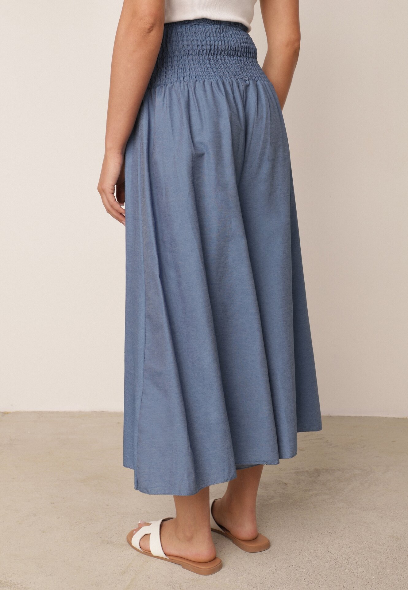 defox Pantaloni culotte albastri deschiși din bumbac largi cu talie înaltă și elastic în talie Rafea