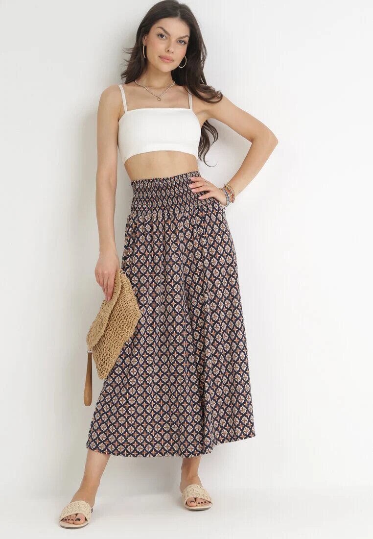 defox Pantaloni Culotte bleumarin cu picioare largi 7/8 și talie elastică Thatasia
