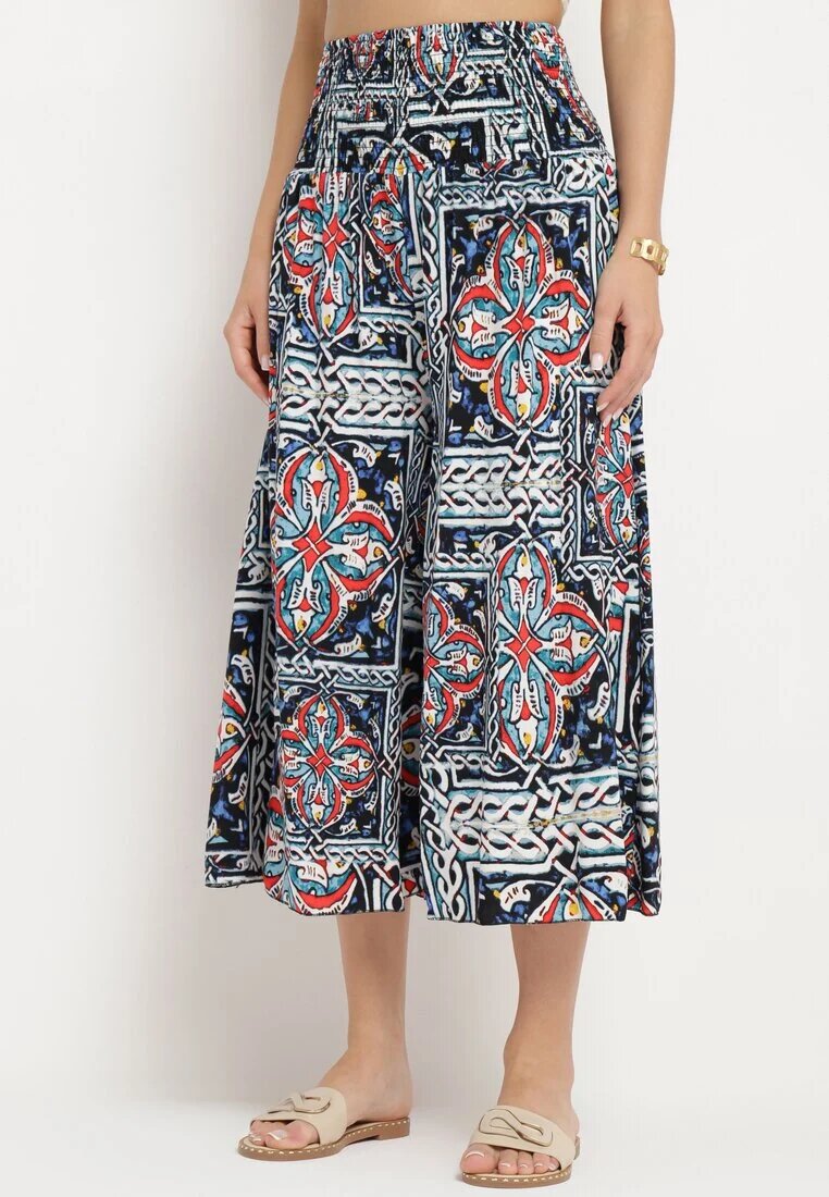 defox Pantaloni culotte bleumarin din bumbac cu talie înaltă și elastic în talie în stil boho Olovia