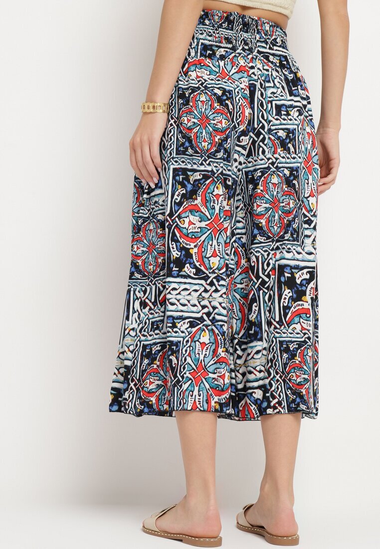 defox Pantaloni culotte bleumarin din bumbac cu talie înaltă și elastic în talie în stil boho Olovia
