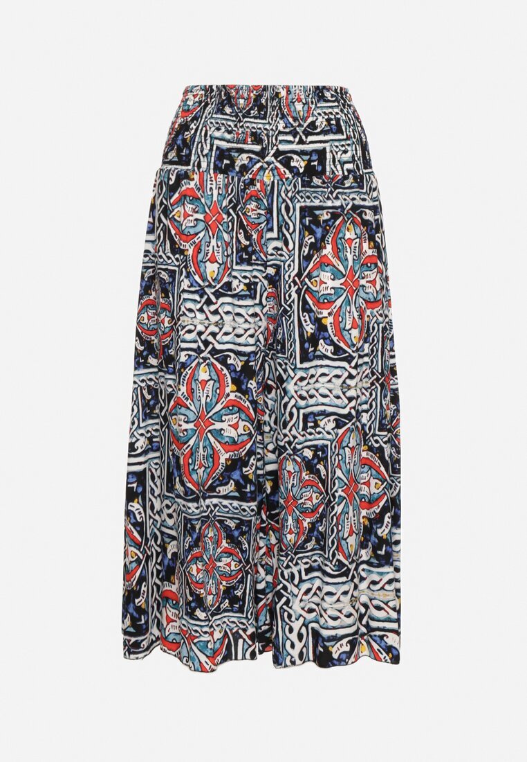 defox Pantaloni culotte bleumarin din bumbac cu talie înaltă și elastic în talie în stil boho Olovia