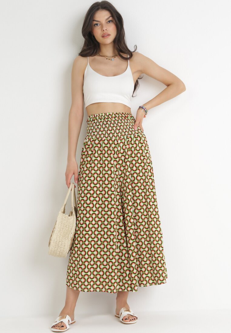 defox Pantaloni Culotte Larți Verde Deschis cu bandă elastică lată și model decorativ în talie Henita