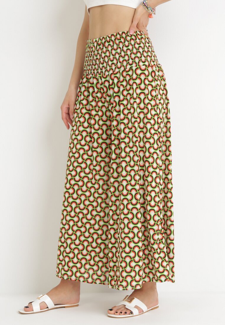 defox Pantaloni Culotte Larți Verde Deschis cu bandă elastică lată și model decorativ în talie Henita