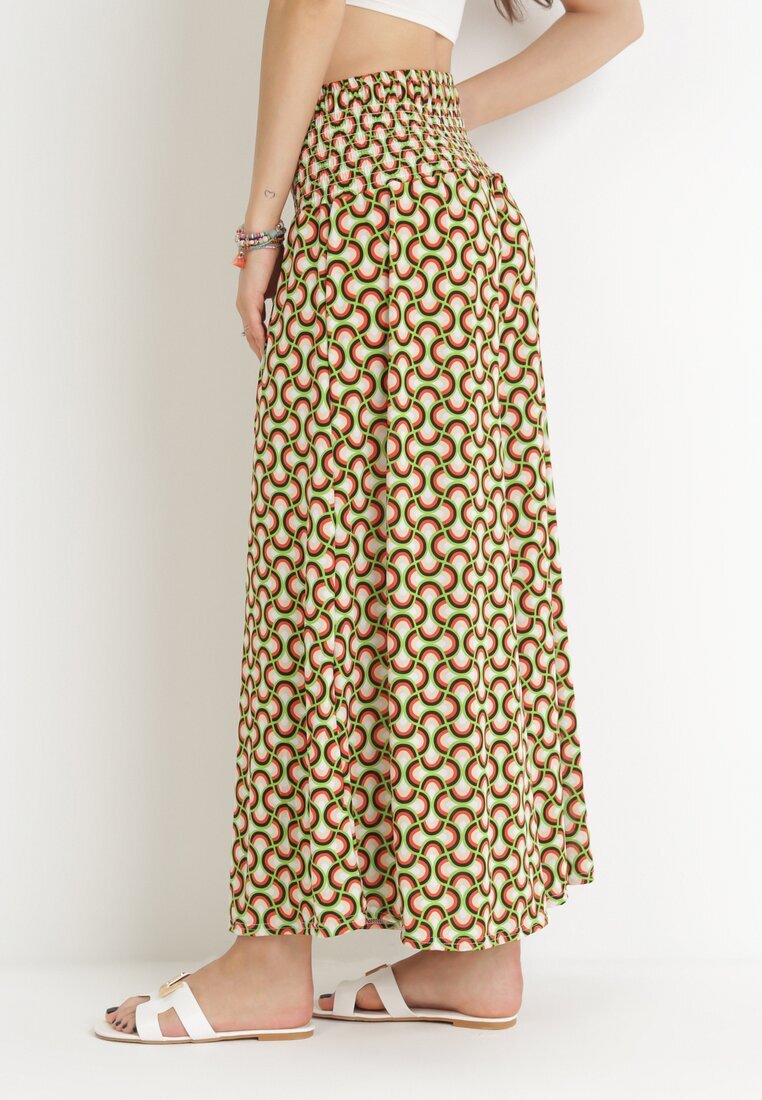 defox Pantaloni Culotte Larți Verde Deschis cu bandă elastică lată și model decorativ în talie Henita