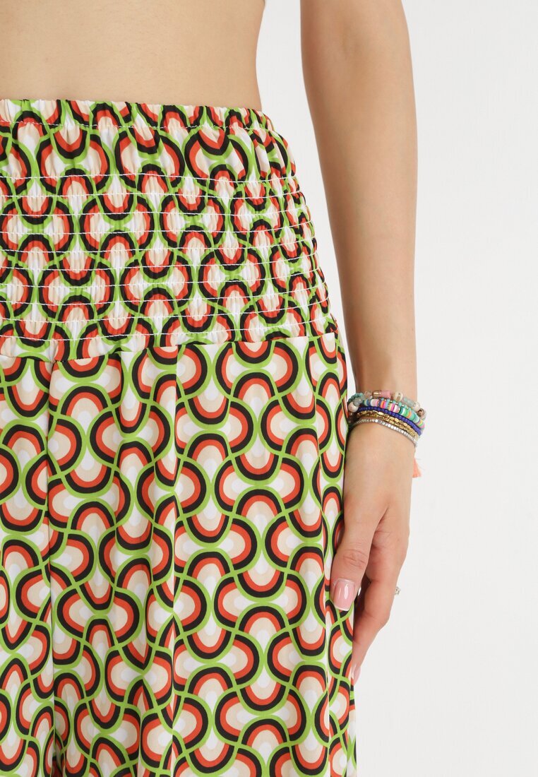 defox Pantaloni Culotte Larți Verde Deschis cu bandă elastică lată și model decorativ în talie Henita