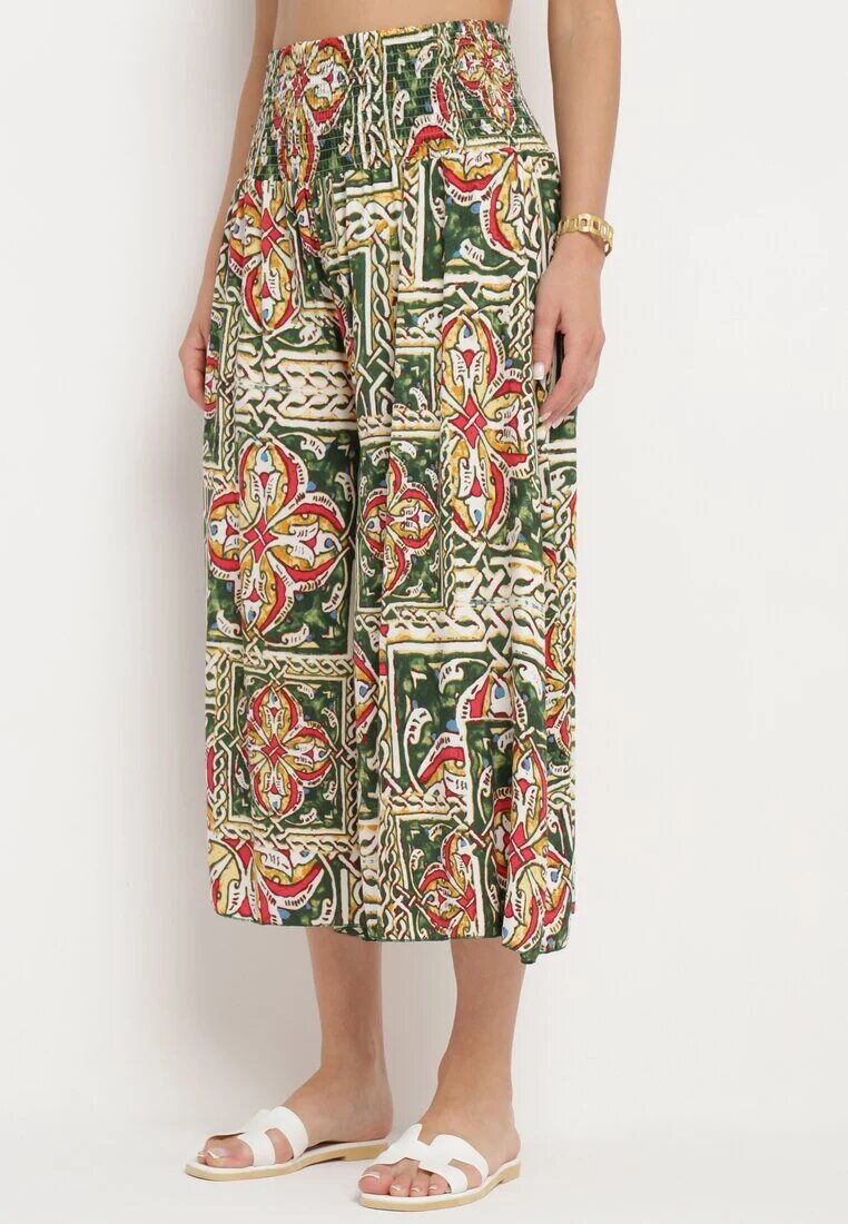 defox Pantaloni Culotte verde închis din bumbac cu talie înaltă și elastic în talie în stil Boho Olovia