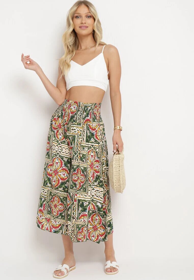 defox Pantaloni Culotte verde închis din bumbac cu talie înaltă și elastic în talie în stil Boho Olovia