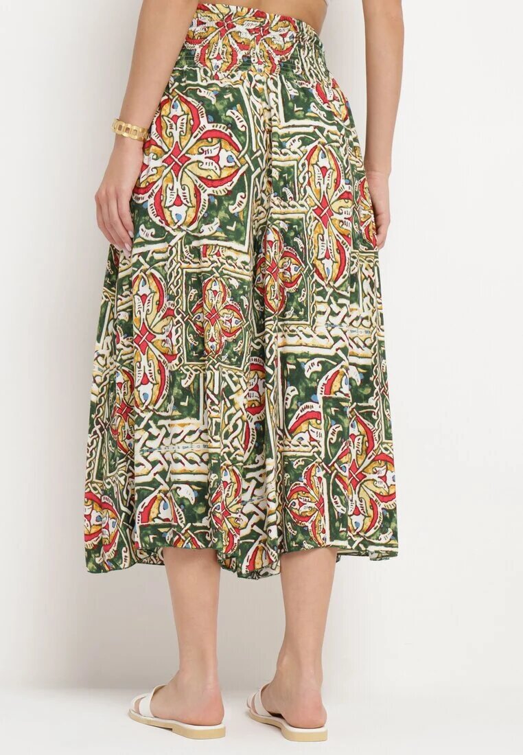 defox Pantaloni Culotte verde închis din bumbac cu talie înaltă și elastic în talie în stil Boho Olovia