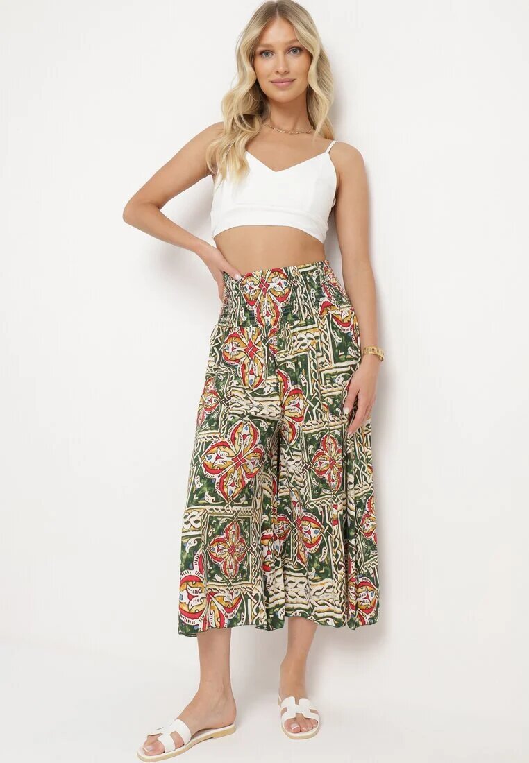 defox Pantaloni Culotte verde închis din bumbac cu talie înaltă și elastic în talie în stil Boho Olovia