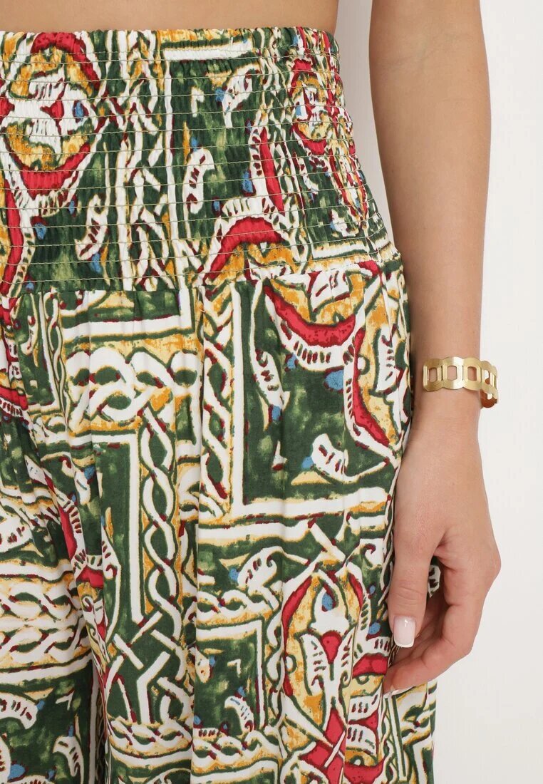 defox Pantaloni Culotte verde închis din bumbac cu talie înaltă și elastic în talie în stil Boho Olovia