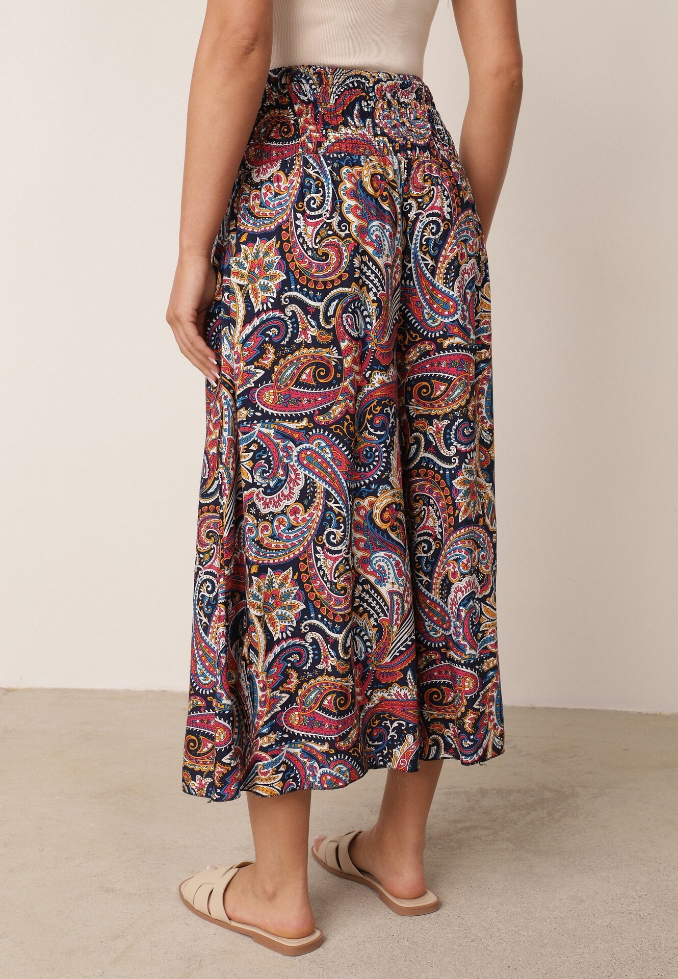 defox Pantaloni culottes bleumarin din bumbac cu model Paisley