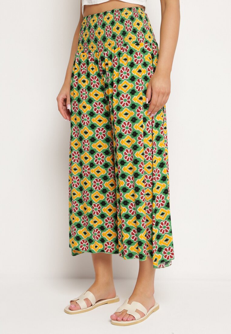 defox Pantaloni Culottes Galben-Verzi Largi cu model mozaic din Bumbac Nanatill